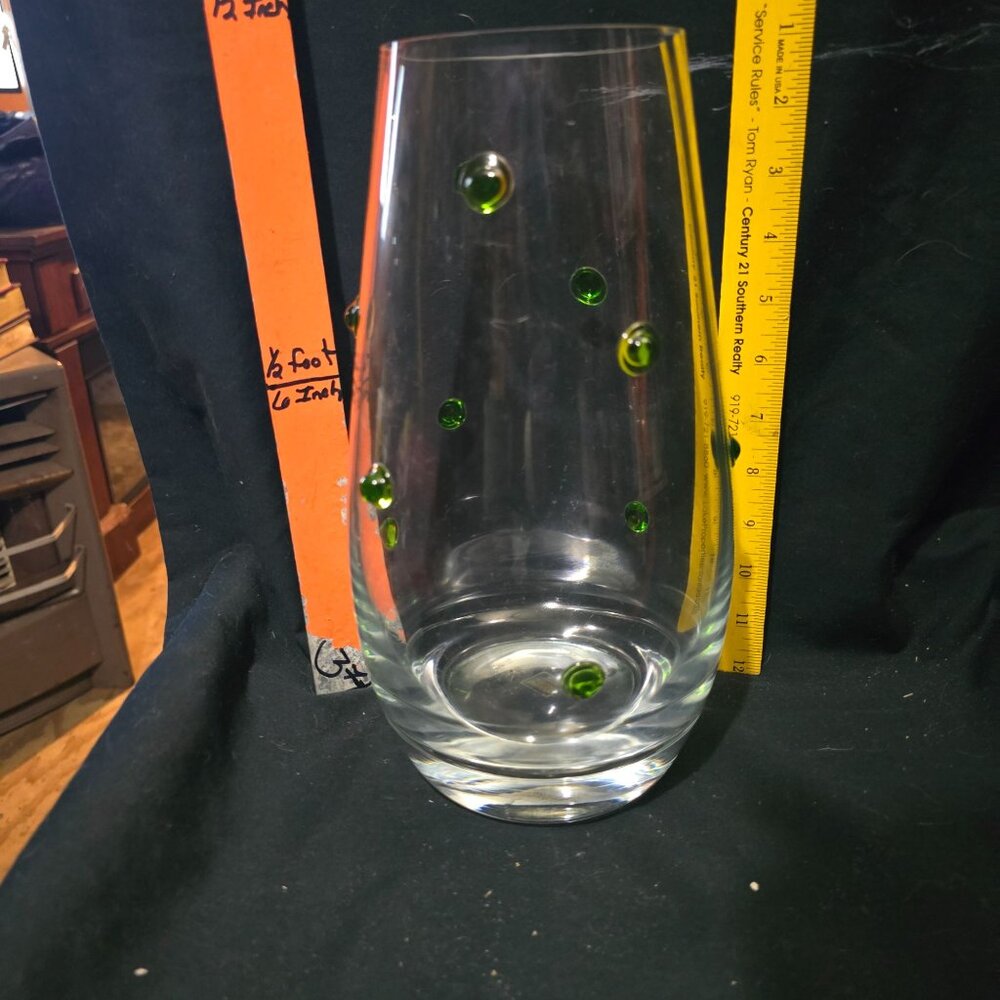 Southern Living At Home Handmade Vase 11" Green Polka Dot Pattern Clear Glass Po